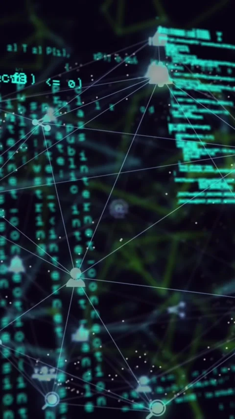 Animation of data processing and network of digital icons over plexus networks Video stock 343739312