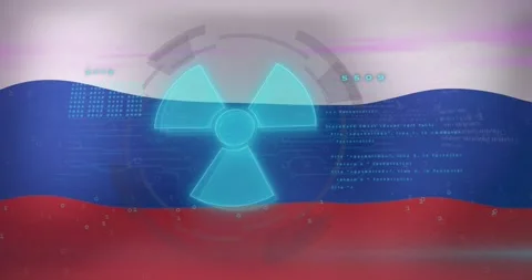 Animation of data processing and nuclear symbol over flag of russia Video stock 178099516