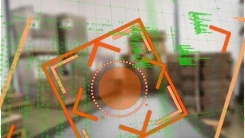 Animation of data processing and orange shapes over warehouse Stock Footage 329291732