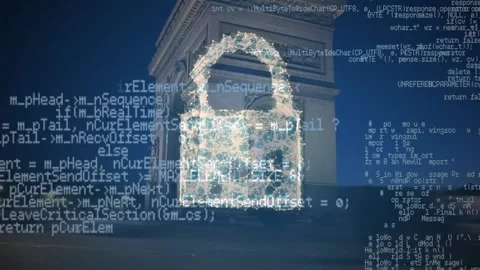 Animation of data processing and padlock icon over sky triumphal arch Video stock 171342398