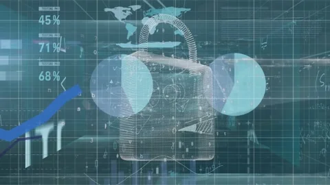 Animation of data processing and padlock icon over diverse people shaking hands Video stock 325836486