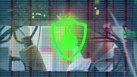 Animation of data processing and padlock over caucasian male worker in server Stockbeeldmateriaal 326185600