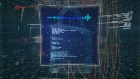 Animation of data processing and padlock over server room Stockbeeldmateriaal 327526747