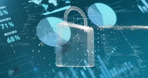Animation of data processing and padlock on blue background Video stock 327641046