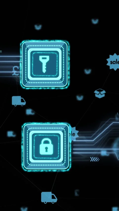 Animation of data processing and padlock and key icon with circuit board over Stock Footage 341991810