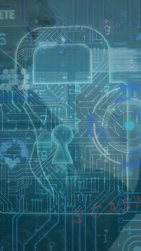 Animation of data processing and padlock on screens over caucasian woman Stock Footage 343027826