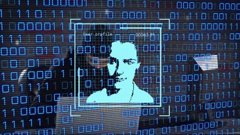 Animation of data processing and people icons over caucasian male hacker using Stock Footage 330113555
