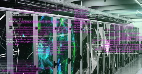Animation of data processing and plexus networks against computer server room Stock Footage 327583762