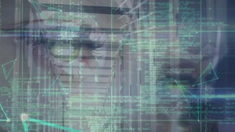 Animation of data processing and plexus network over close up female eye against Stock Footage 328410697