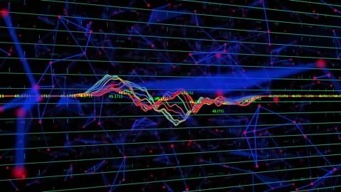 Animation of data processing and plexus networks against black background Stock Footage 328651703