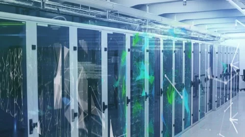 Animation of data processing and plexus networks over empty computer server room Stock Footage 330105183