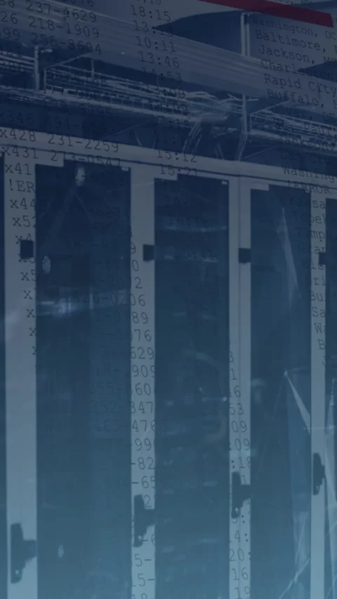 Animation of data processing and plexus networks over empty computer server room Stock Footage 344802986