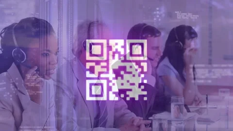 Animation of data processing and qr code over diverse business people in office Stock Footage 325961591