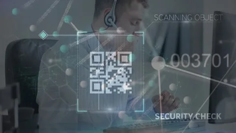 Animation of data processing and qr code over caucasian businessman in office Stock Footage 327899215