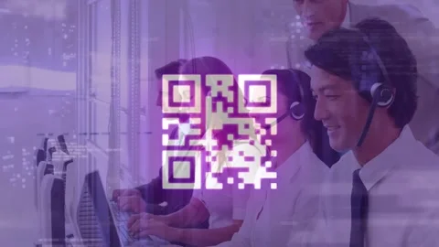 Animation of data processing and qr code over diverse business people in office Stock Footage 327964832