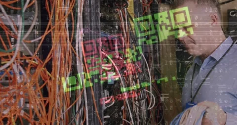 Animation of data processing and qr code over caucasian man checking servers Stock Footage 328711503