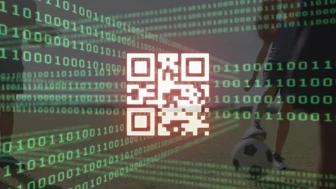 Animation of data processing and qr code over diverse football players Stock Footage 328934016