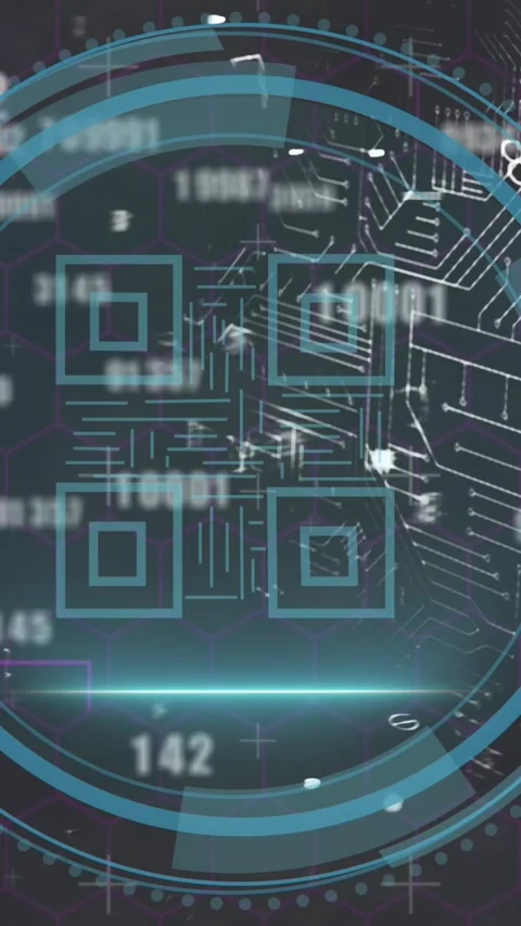 Animation of data processing and qr code over black background Vidéo 342801822