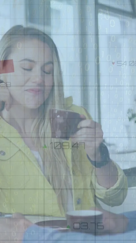 Animation of data processing and red lines over caucasian couple in cafe Stock Footage 344783875