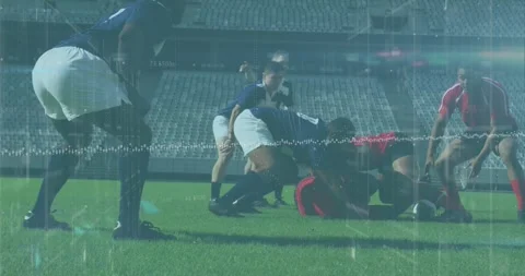 Animation of data processing and rugby players over sports stadium Stock Footage 325699702