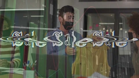 Animation of data processing and sale text over diverse workers in clothes shop Stock Footage 330115278