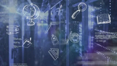 Animation of data processing and school icons over server room Stockbeeldmateriaal 329511084