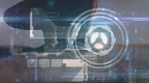 Animation of data processing and scope scanning over fit man running Stock Footage 159488996