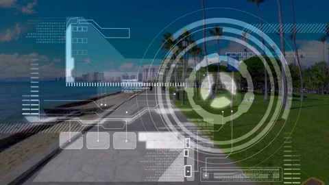 Animation of data processing and scope scanning over fit man running Stock Footage 159489139