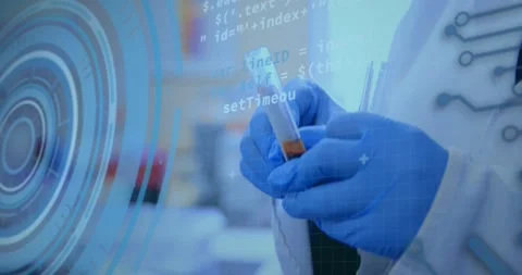 Animation of data processing and scope scanning over scientist holding test tube Stock Footage 235235825