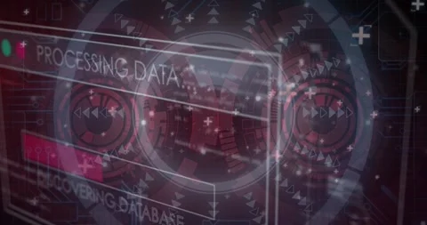 Animation of data processing and scope scanning over falling gym Stock Footage 327279281