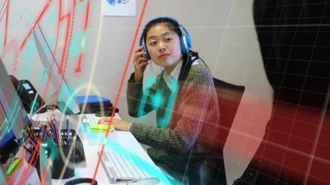 Animation of data processing and scope scanning over asian woman using computer Stock Footage 328408677