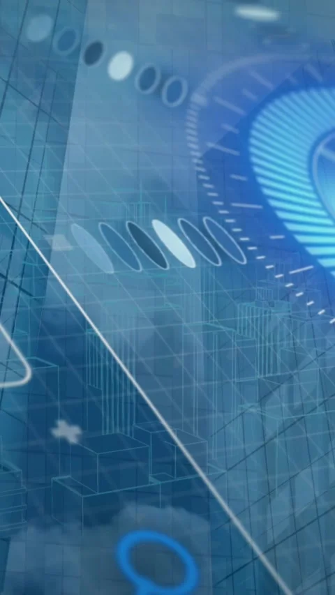 Animation of data processing and scope scanning over modern buildings Stock Footage 344011963