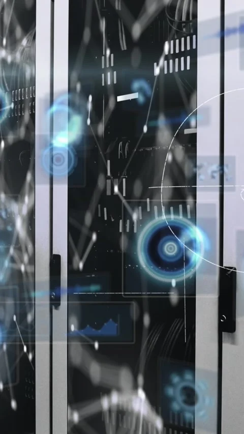 Animation of data processing and scopes scanning over computer servers Stock Footage 343682470