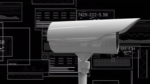 Animation of data processing and security camera on black background Stock-Footage 200890277