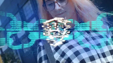 Animation of data processing and security program over happy caucasian woman Stock Footage 325774681