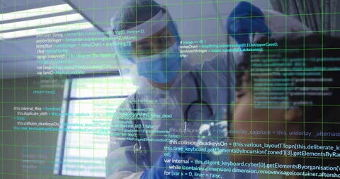 Animation of data processing and shapes over caucasian female surgeon with Stock Footage 309434450