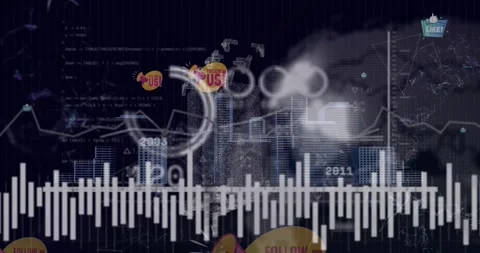 Animation of data processing and social media icons against 3d tall buildings Stock Footage 327781987