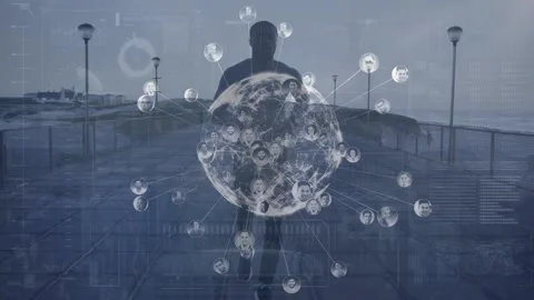 Animation of data processing and spinning globe over african american fit man Stock Footage 208840500