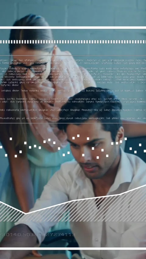 Animation of data processing and spots over diverse business people talking in Stock Footage 344693275