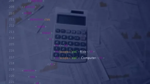 Animation of data processing and statistics over calculator and documents Stock Footage 223625489