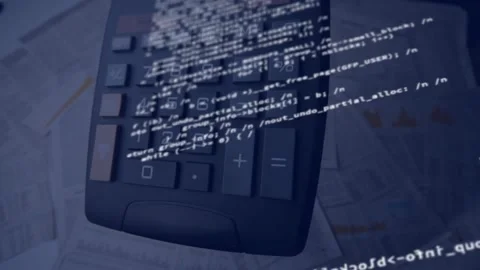 Animation of data processing and statistics over calculator and documents Stock Footage 223625490