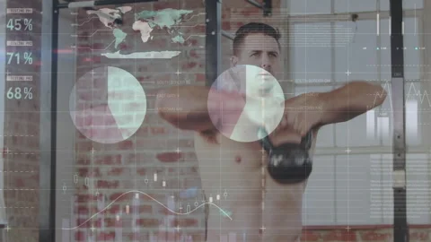 Animation of data processing and statistics over strong man exercising Stock Footage 315948429