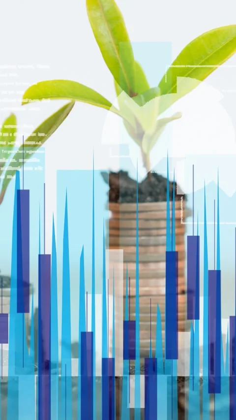 Animation of data processing and statistics recording over stacks of coins with Stock Footage 319416111