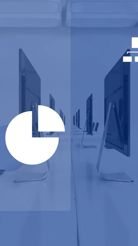 Animation of data processing and statistics over computers on office desks on Stock Footage 320379182