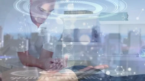 Animation of data processing and statistics over strong man exercising Stock Footage 326628097