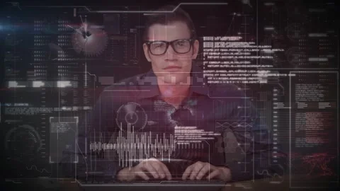 Animation of data processing and statistics over strong man exercising Stock Footage 327900330
