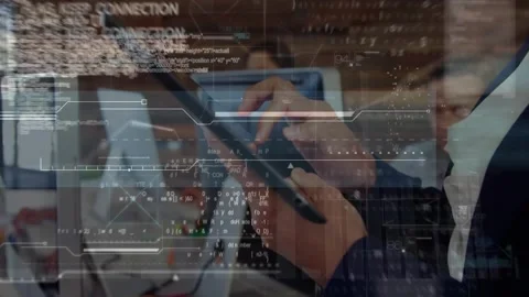 Animation of data processing and statistics over strong man exercising Stock Footage 328359963