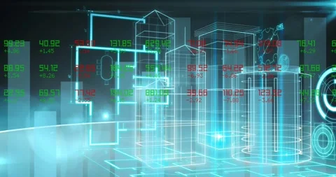Animation of data processing and statistics recording over 3d architects plans Stock Footage 331621746