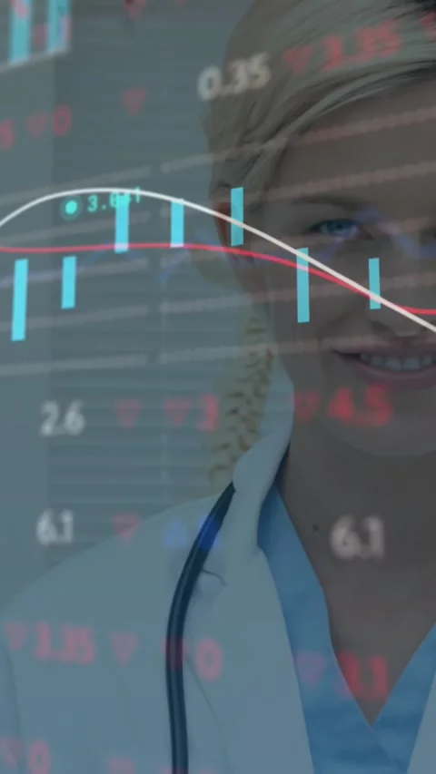 Animation of data processing and statistics over female doctor with stethoscope Stock Footage 342707370