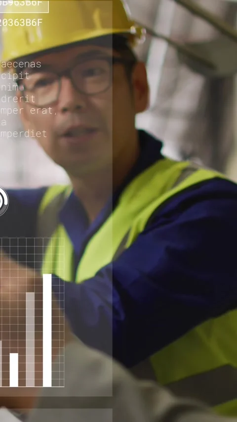 Animation of data processing and statistics over diverse engineers in warehouse Stock Footage 343609019